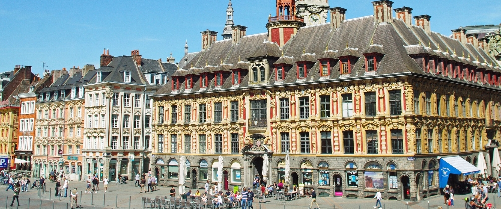 Classic architecture and brick buildings in Lille's old town, a key university destination near the Belgian border.